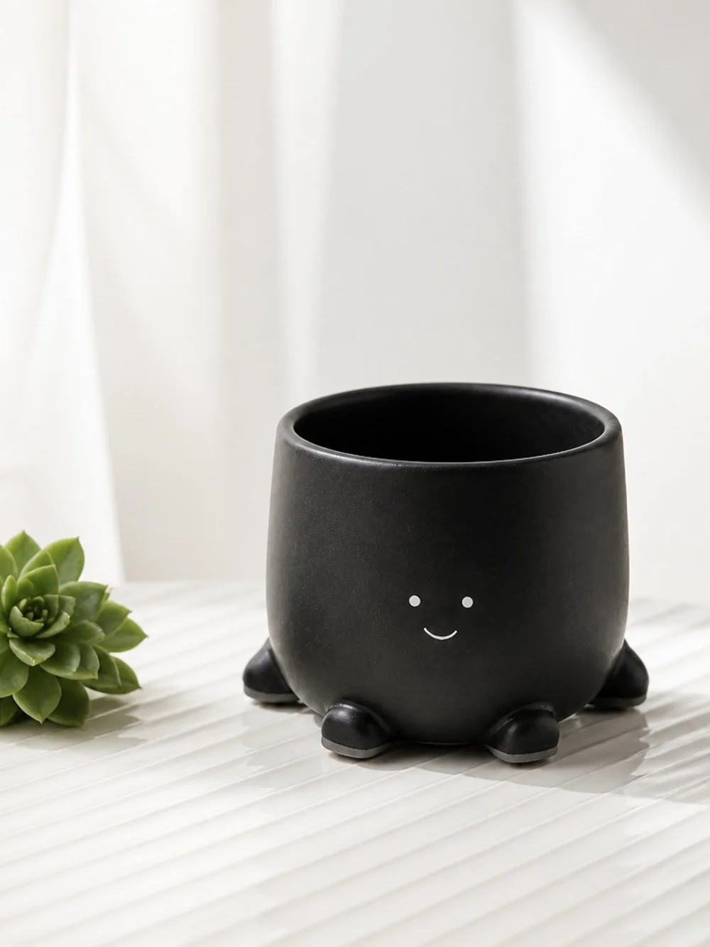 Black Smiling Ceramic Planter - Cute Footed Pot